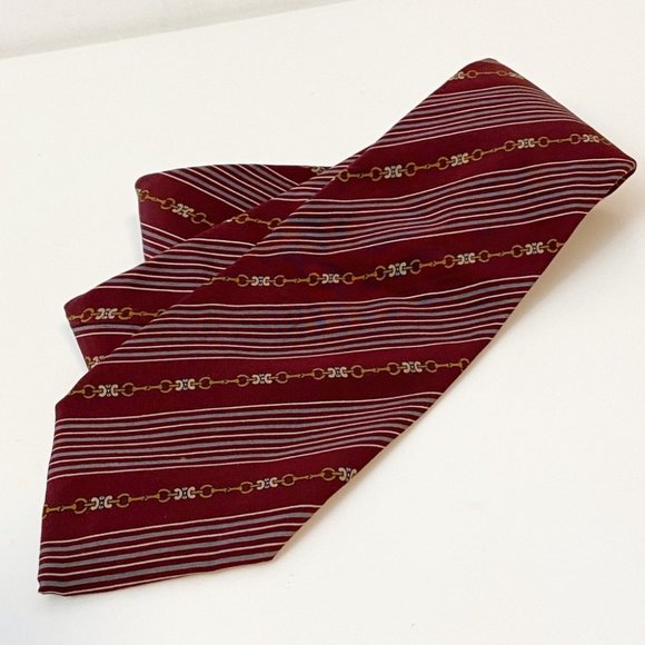 Vintage Celine Paris 100% silk tie stripe horsebit print burgundy and gold - Picture 1 of 4